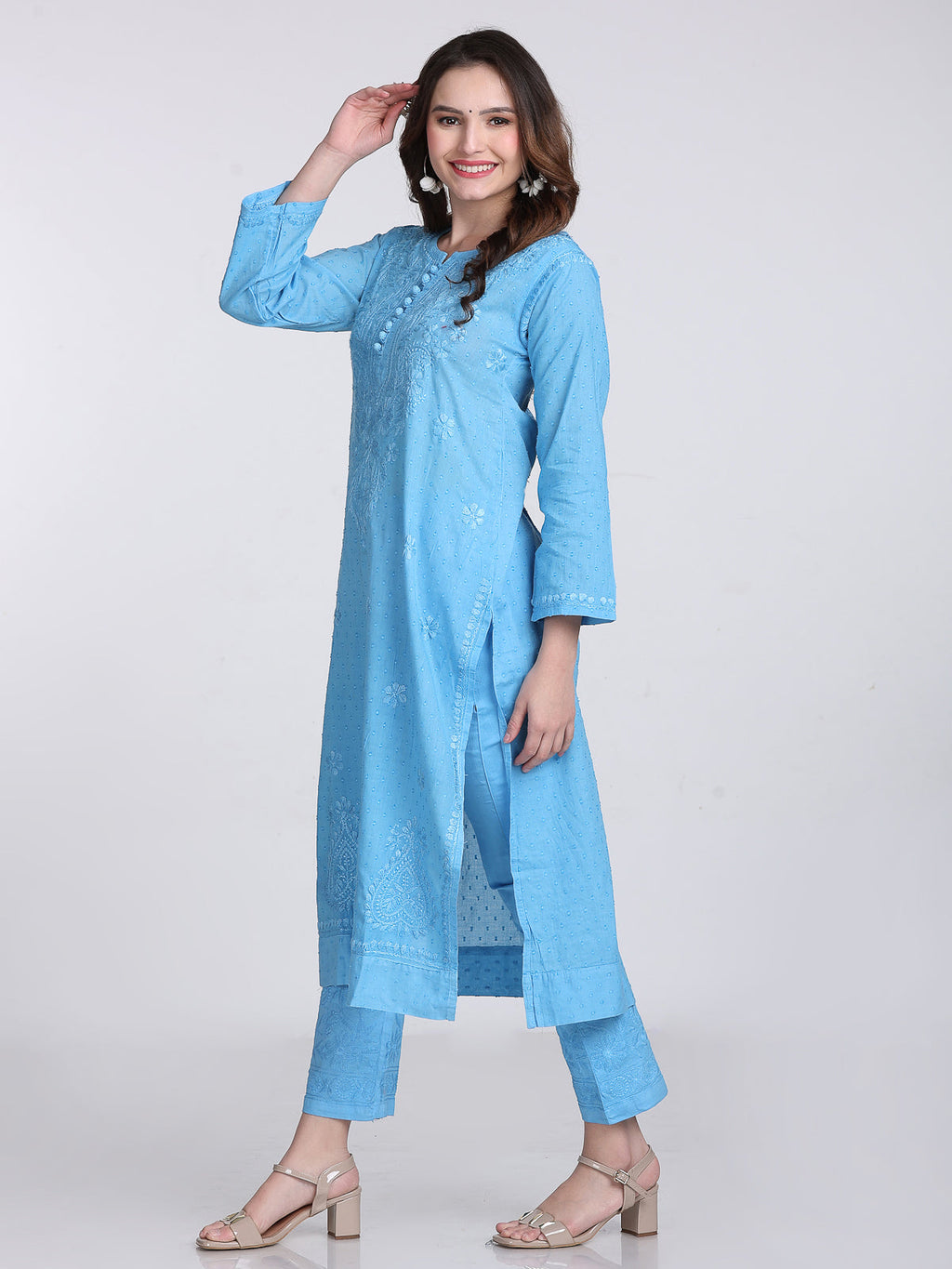 Powder Blue Kubra Dyed Cotton Kurti & Pant Set