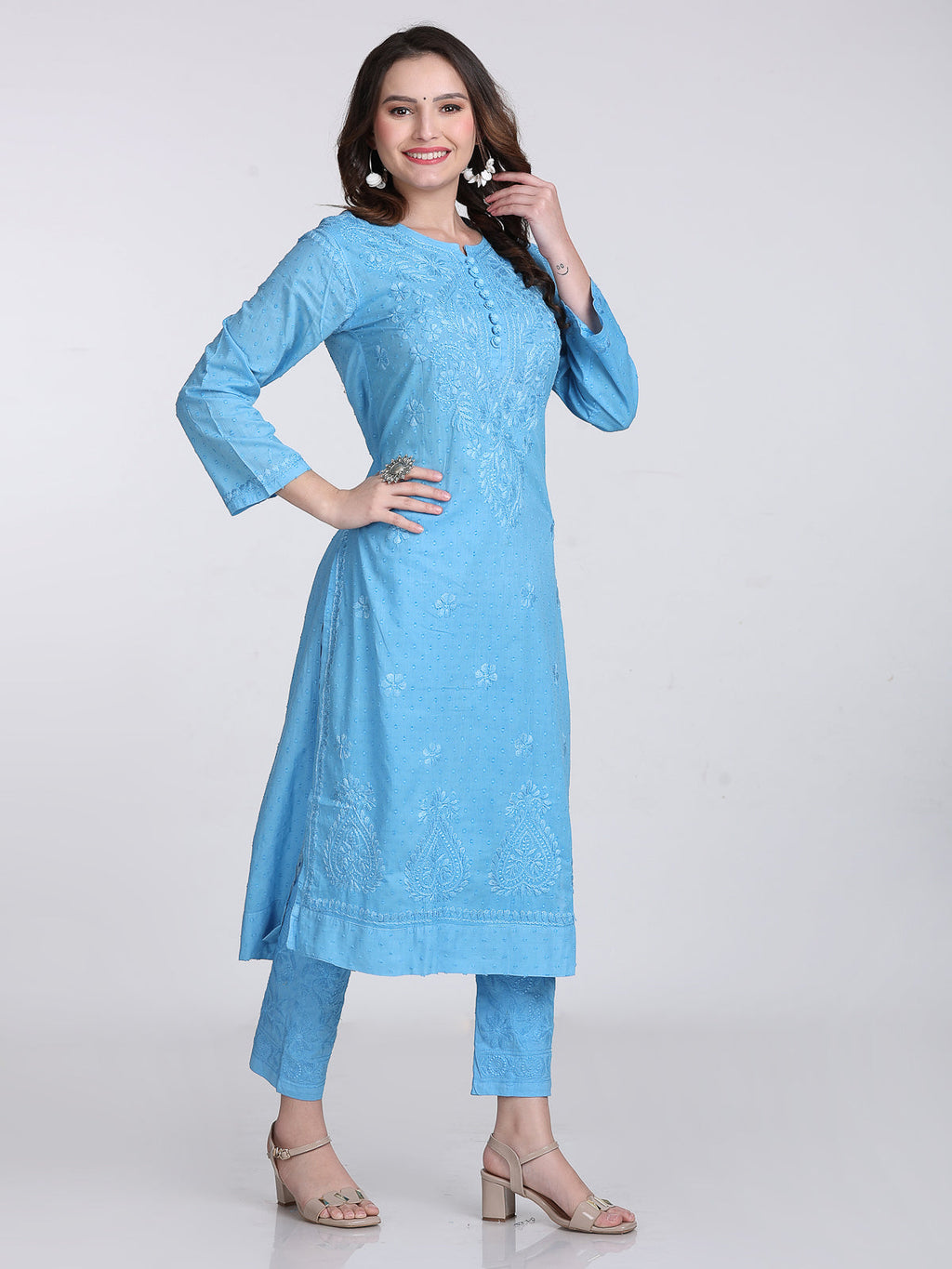 Powder Blue Kubra Dyed Cotton Kurti & Pant Set