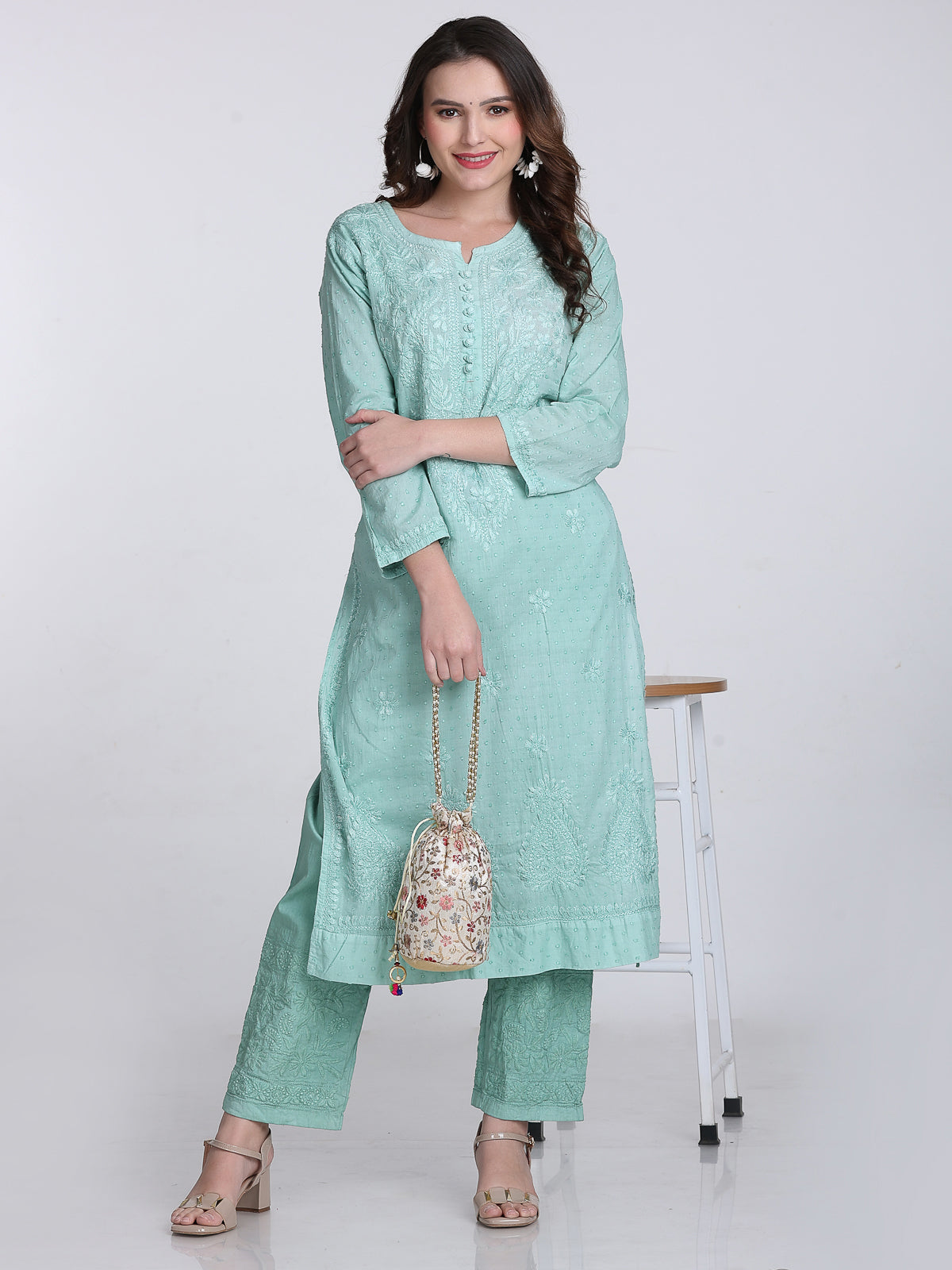 Turquoise Kubra Dyed Cotton Kurti & Pant Set