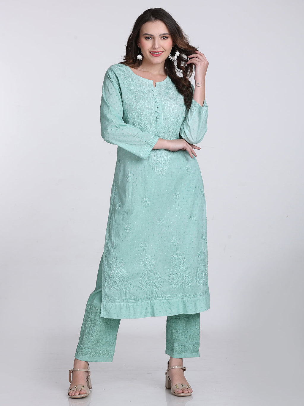 Turquoise Kubra Dyed Cotton Kurti & Pant Set