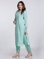 Turquoise Kubra Dyed Cotton Kurti & Pant Set