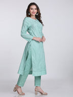 Turquoise Kubra Dyed Cotton Kurti & Pant Set