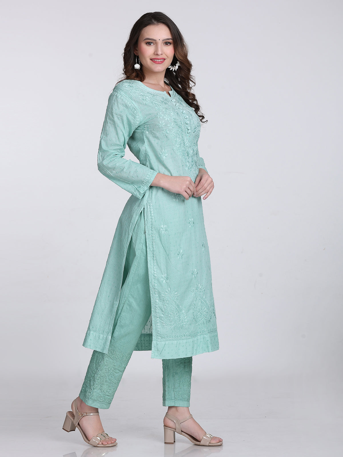 Turquoise Kubra Dyed Cotton Kurti & Pant Set
