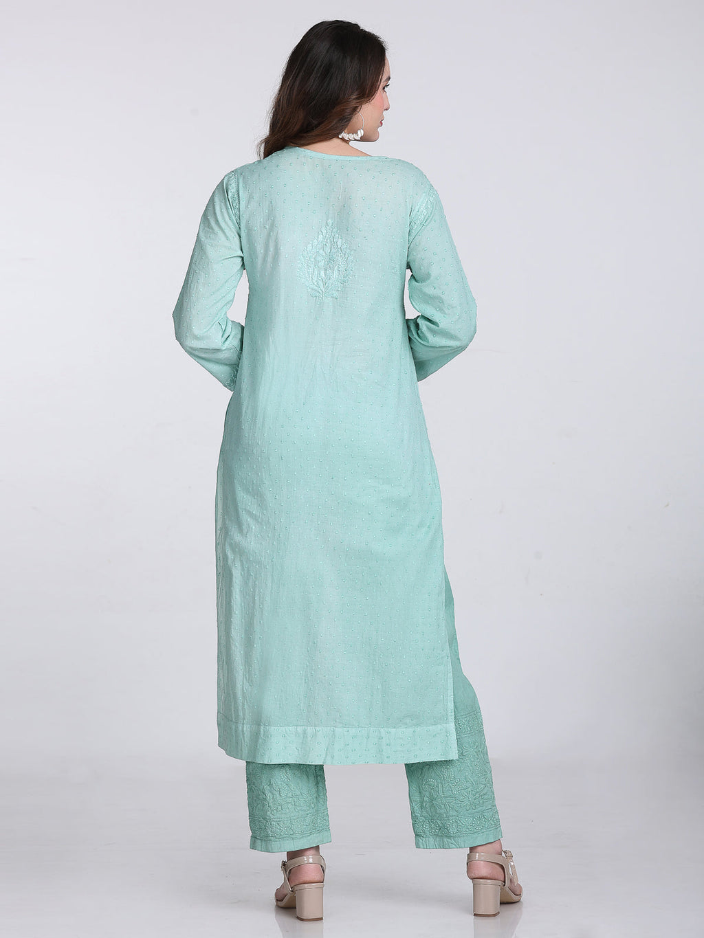 Turquoise Kubra Dyed Cotton Kurti & Pant Set