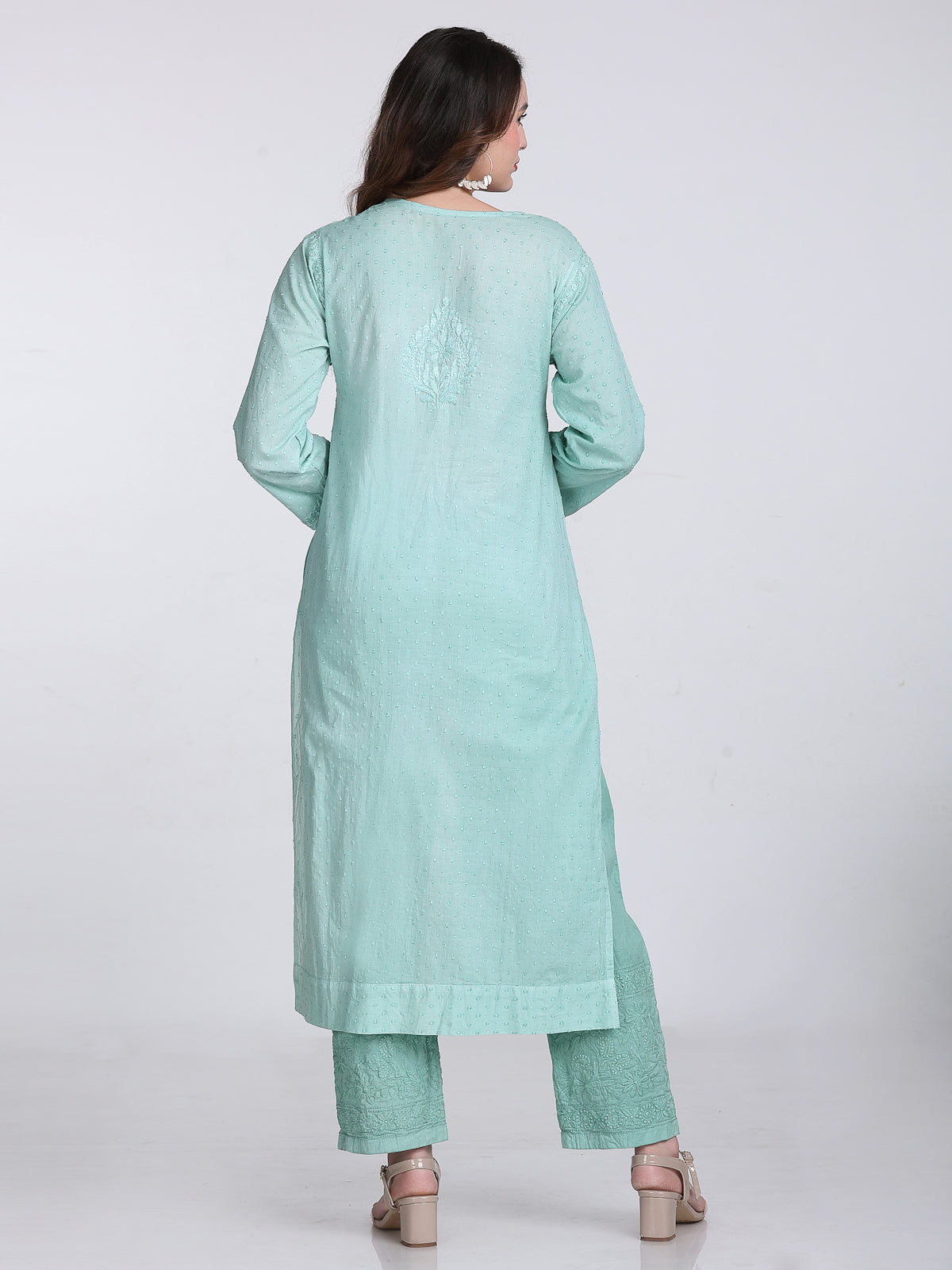 Turquoise Kubra Dyed Cotton Kurti & Pant Set