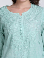 Turquoise Kubra Dyed Cotton Kurti & Pant Set
