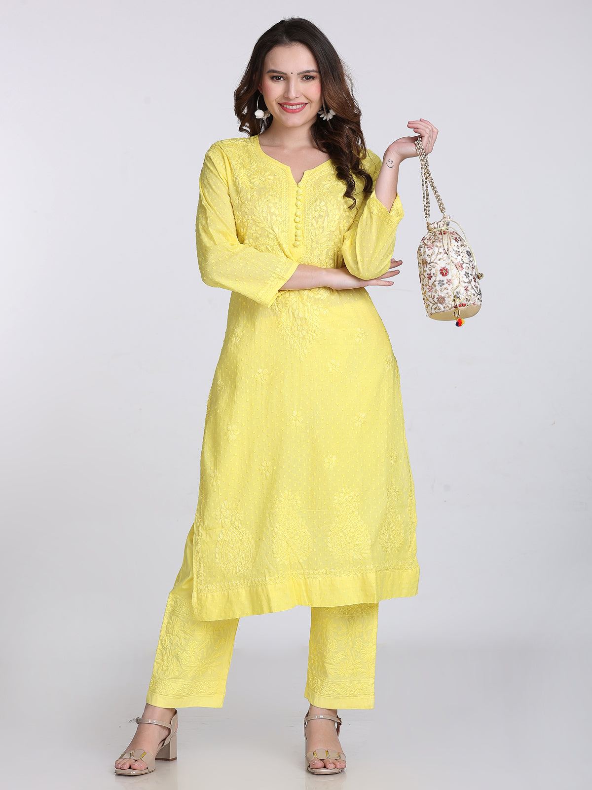 Yellow Kubra Dyed Cotton Kurti & Pant Set