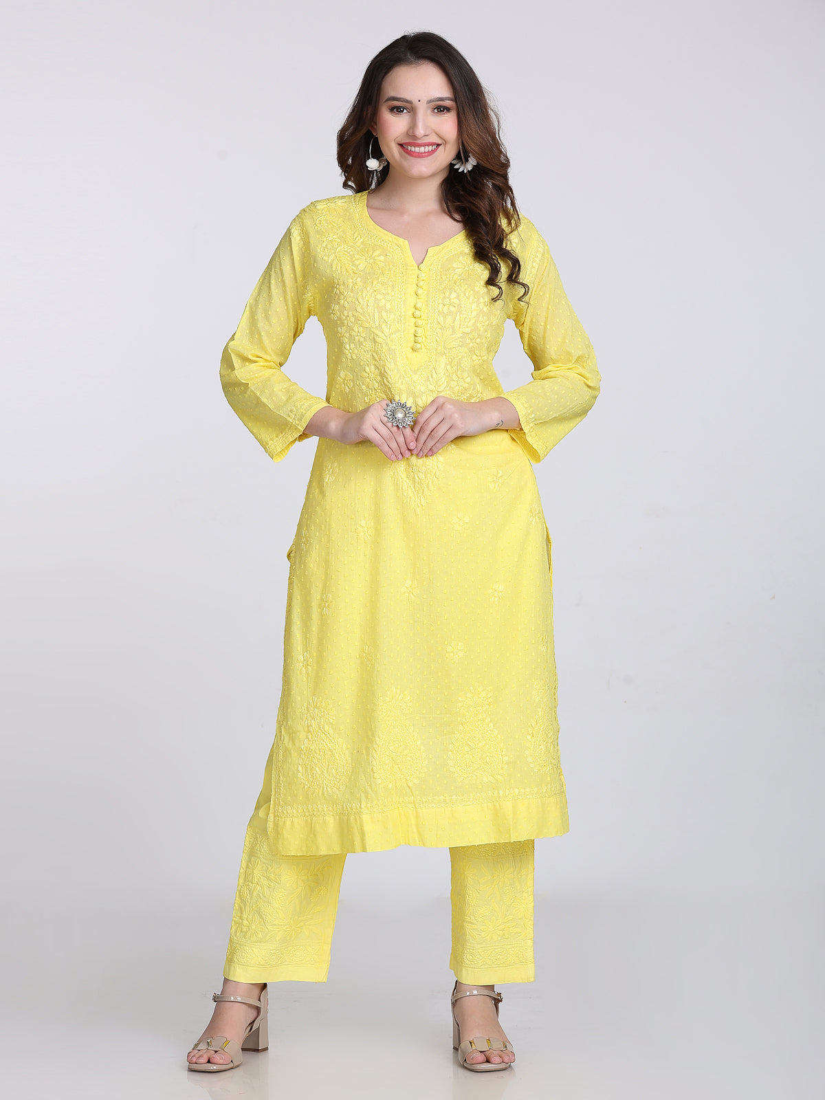 Yellow Kubra Dyed Cotton Kurti & Pant Set