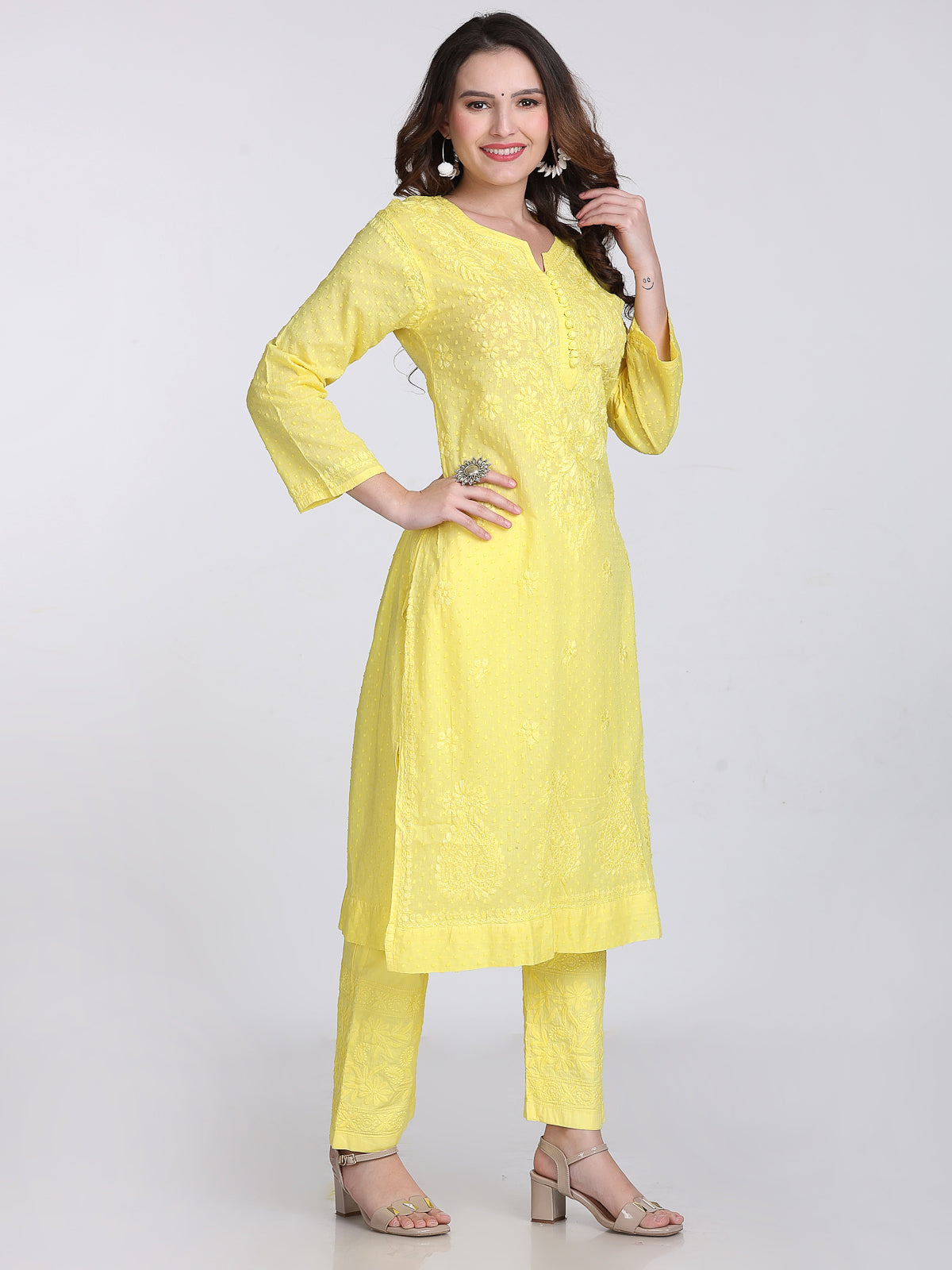 Yellow Kubra Dyed Cotton Kurti & Pant Set