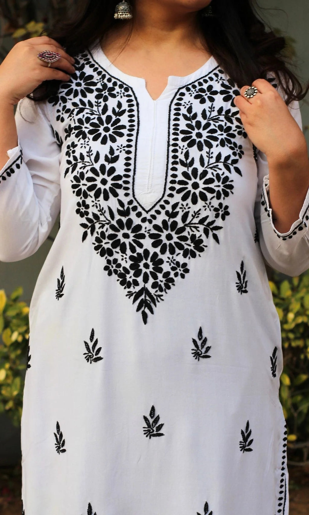 White Mansha Cotton Kurti with Black Thread Embroidery
