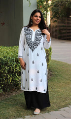White Mansha Cotton Kurti with Black Thread Embroidery