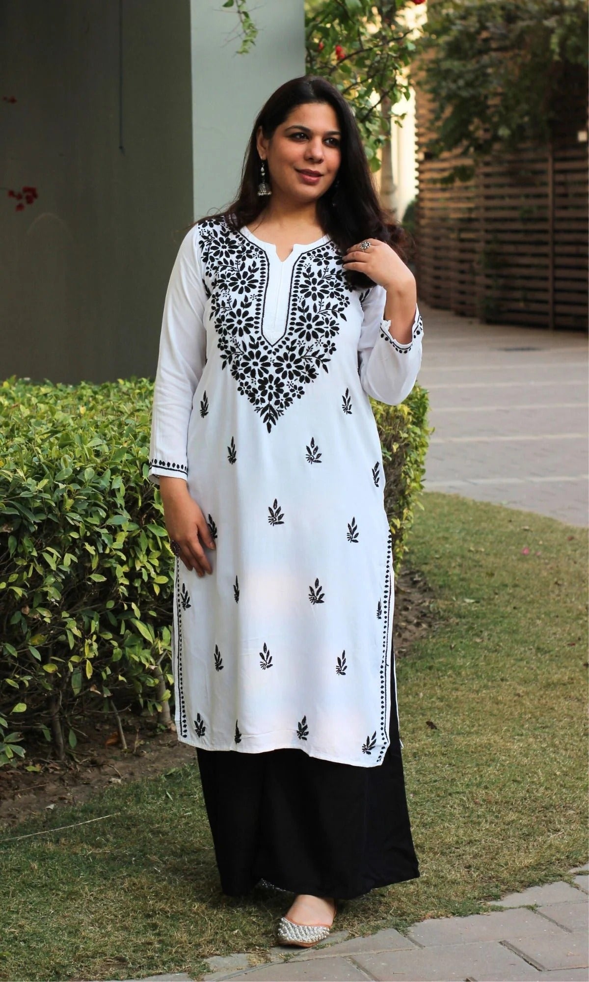 White Mansha Cotton Kurti with Black Thread Embroidery