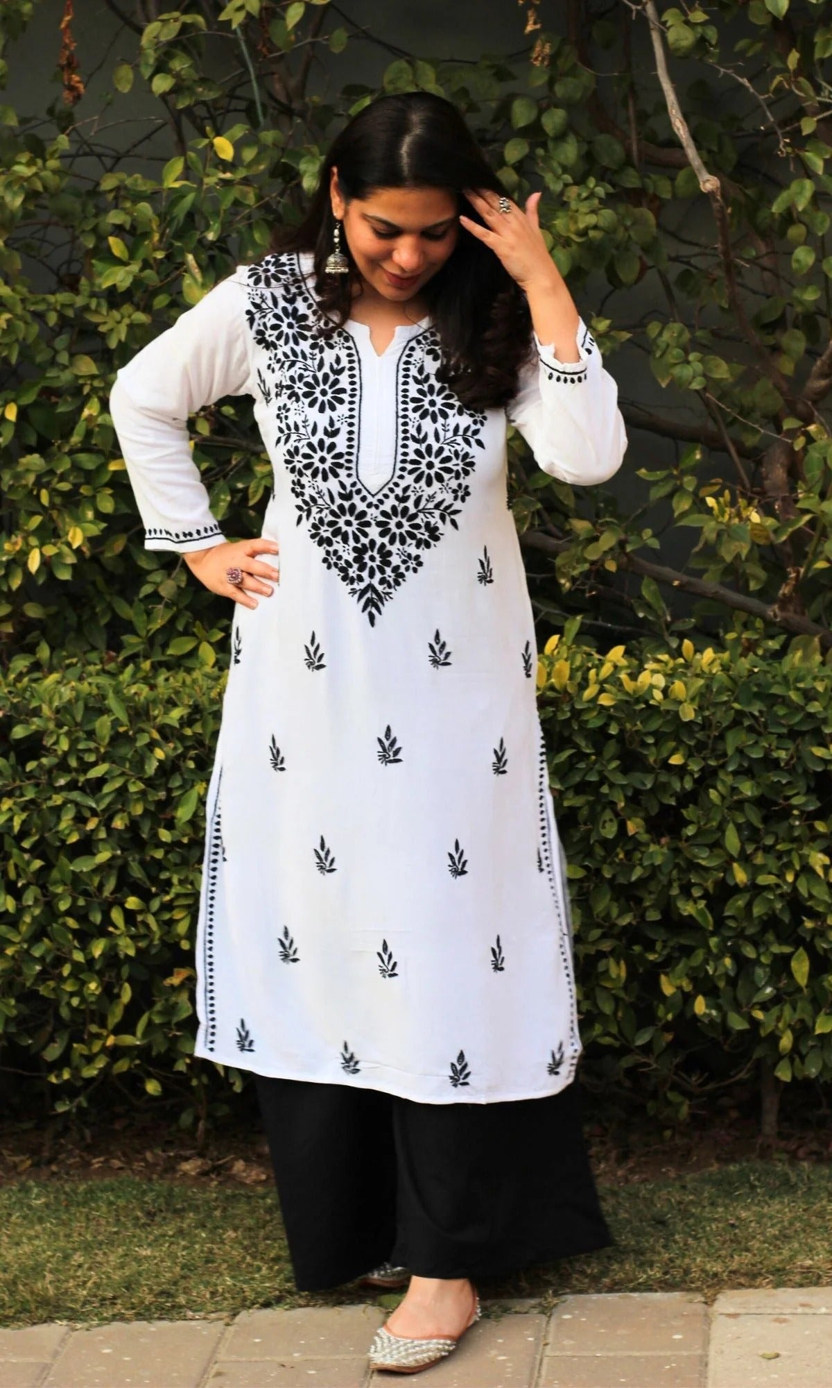 White Mansha Cotton Kurti with Black Thread Embroidery