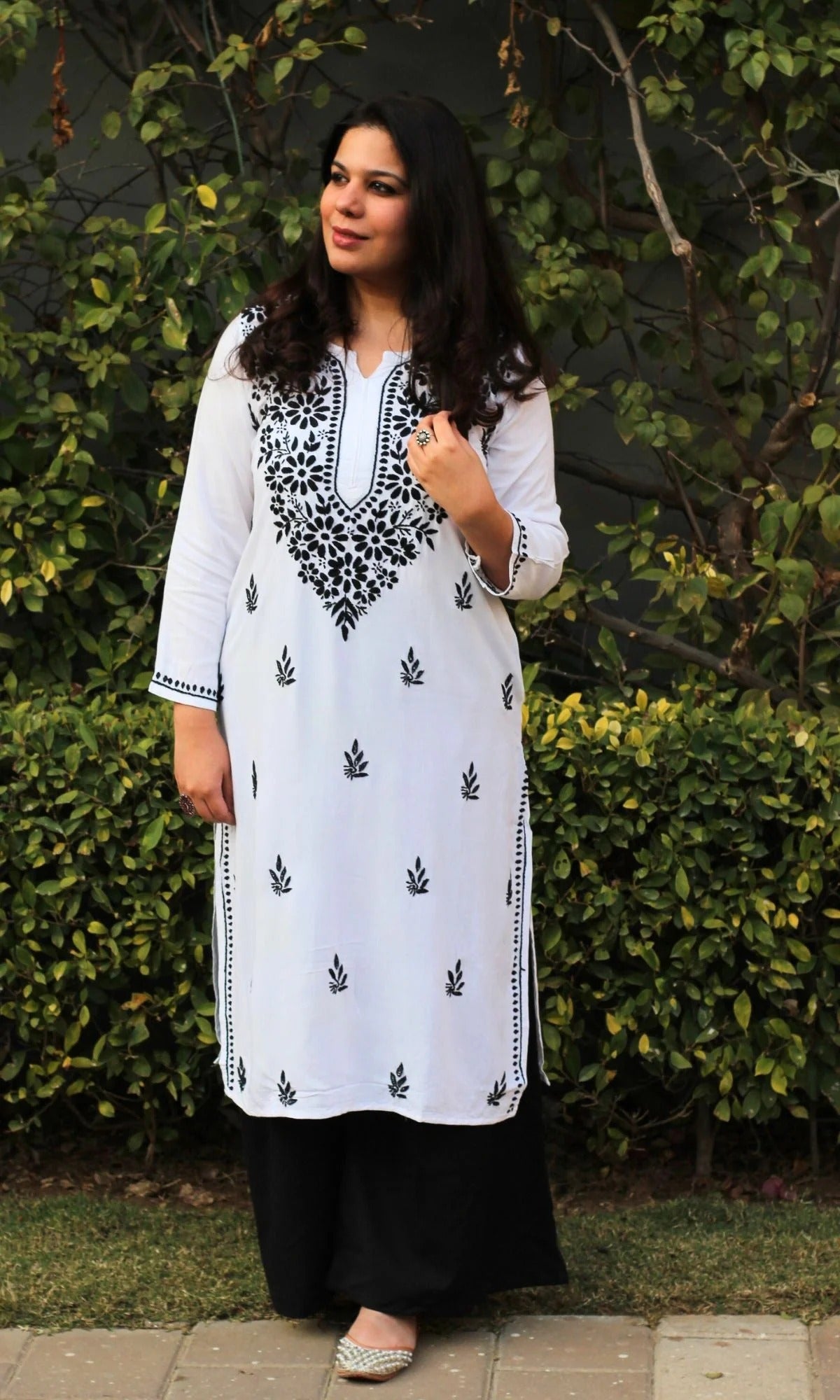 White Mansha Cotton Kurti with Black Thread Embroidery