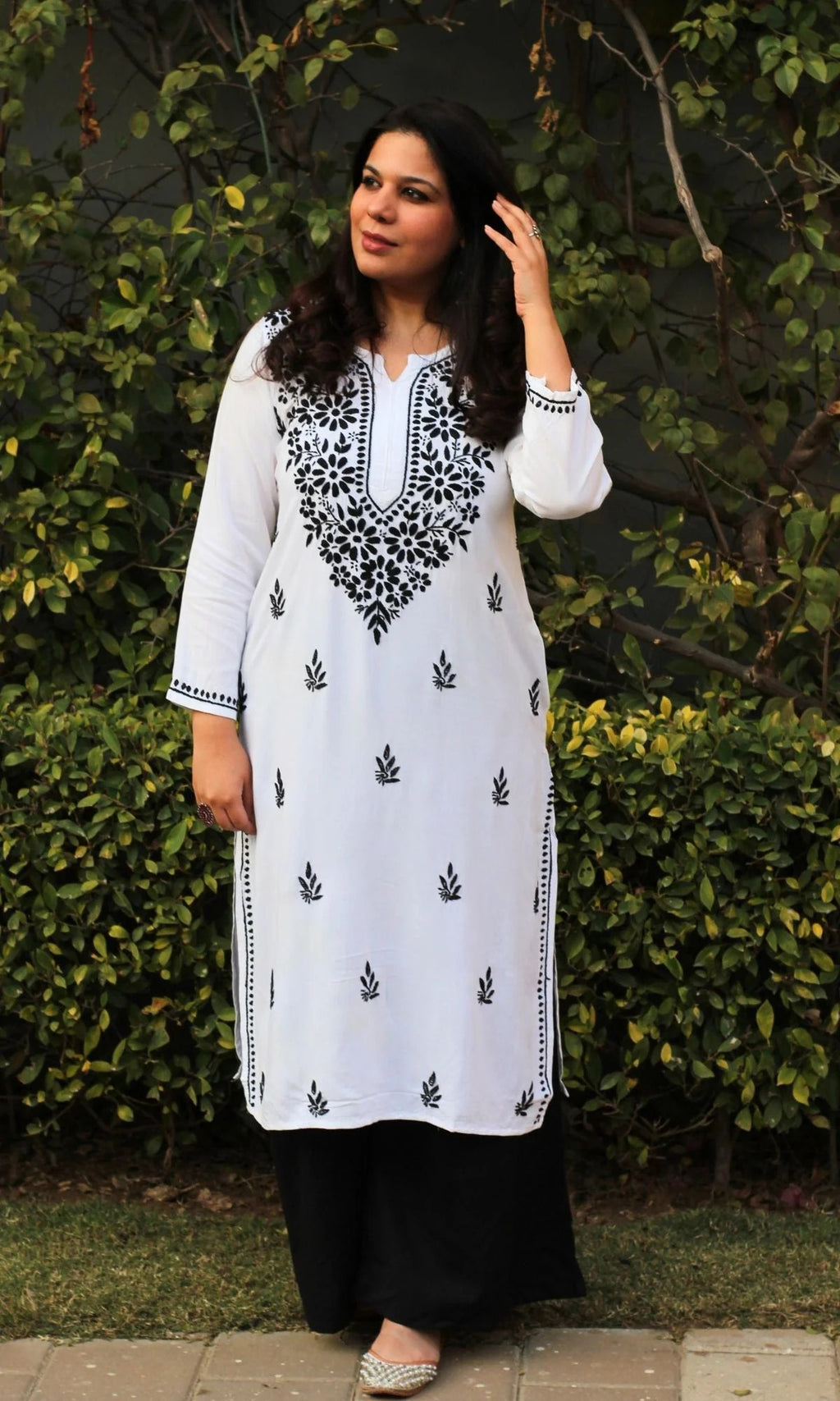White Mansha Cotton Kurti with Black Thread Embroidery