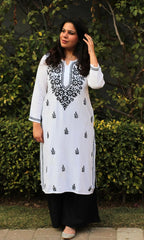 White Mansha Cotton Kurti with Black Thread Embroidery