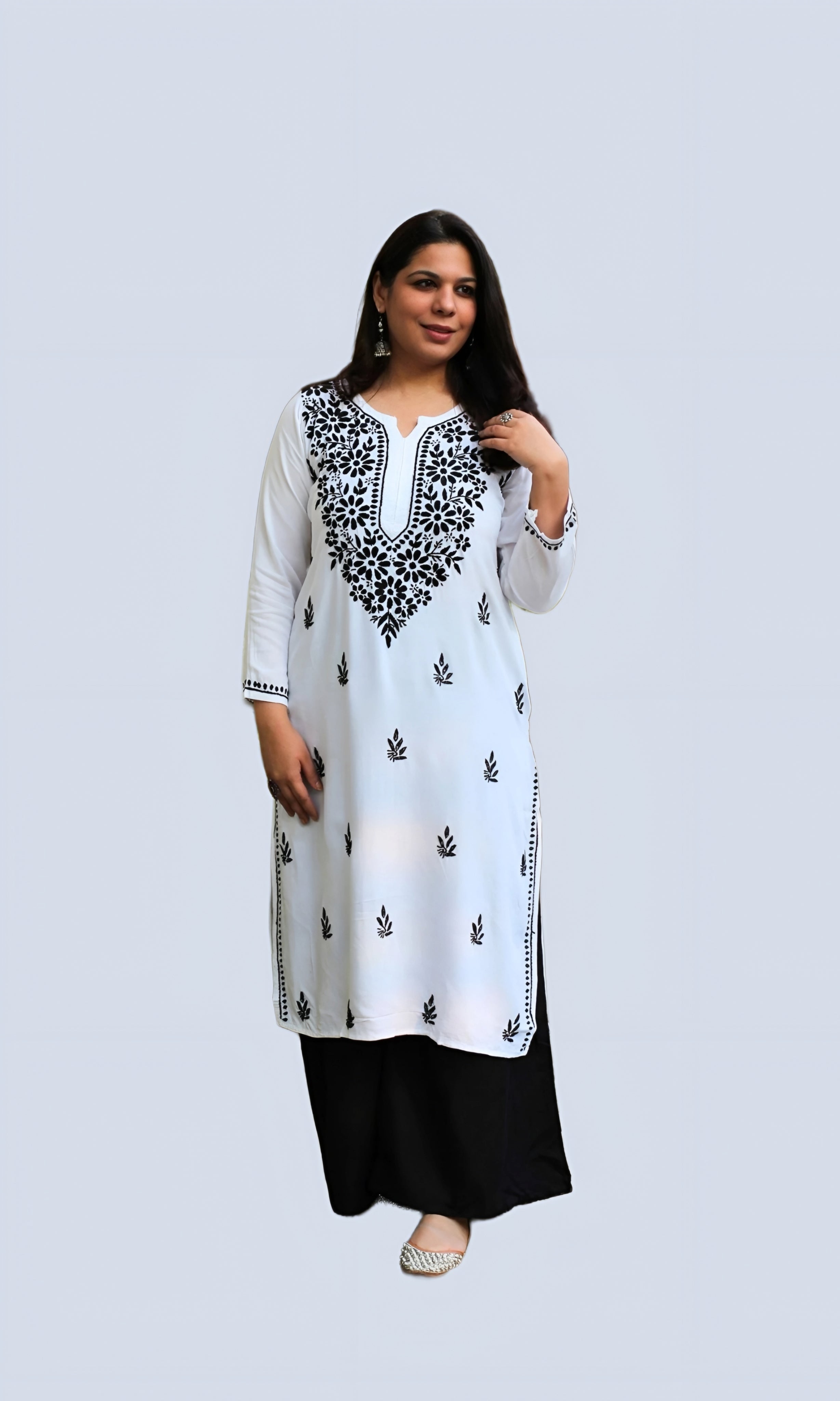 White Mansha Cotton Kurti with Black Thread Embroidery