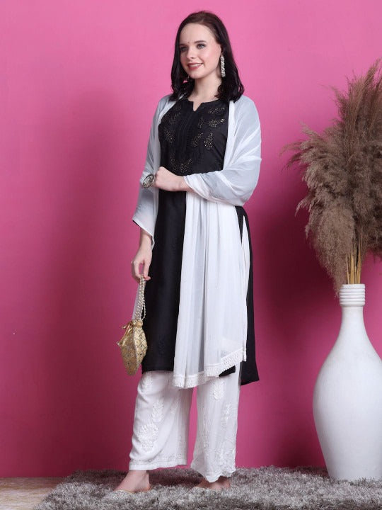 Black Yumna Dyed Chanderi Kurti With Mukesh Work