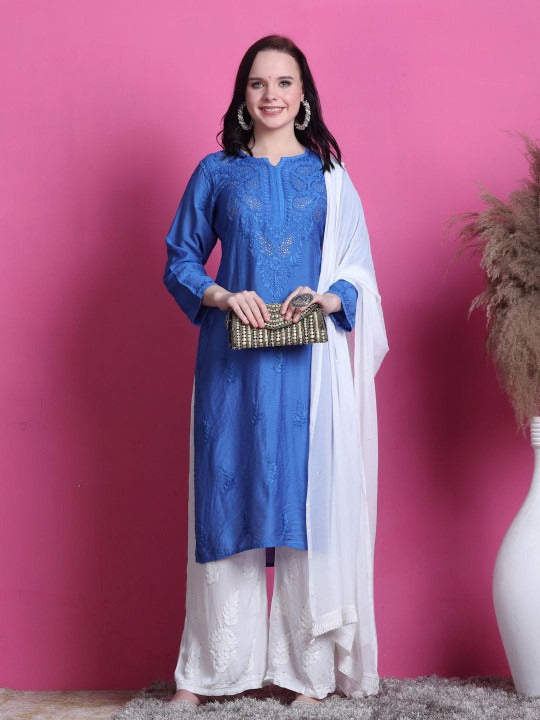 Blue Yumna Dyed Chanderi Kurti With Mukesh Work