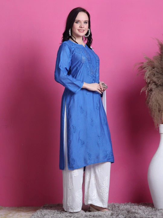 Blue Yumna Dyed Chanderi Kurti With Mukesh Work