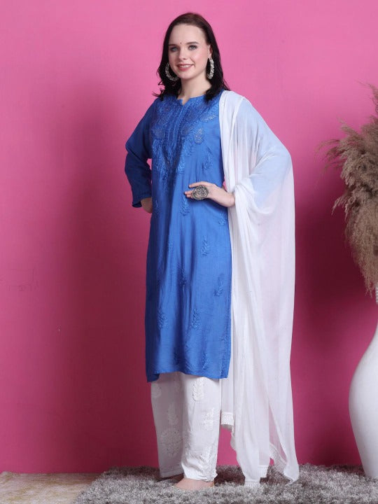 Blue Yumna Dyed Chanderi Kurti With Mukesh Work