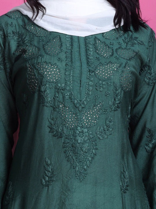 Bottle Green Yumna Dyed Chanderi Kurti With Mukesh Work