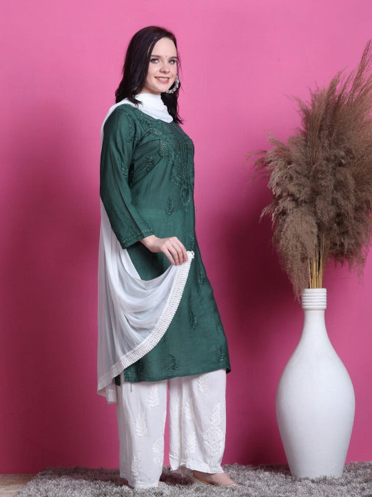 Bottle Green Yumna Dyed Chanderi Kurti With Mukesh Work
