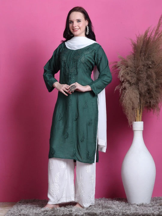 Bottle Green Yumna Dyed Chanderi Kurti With Mukesh Work