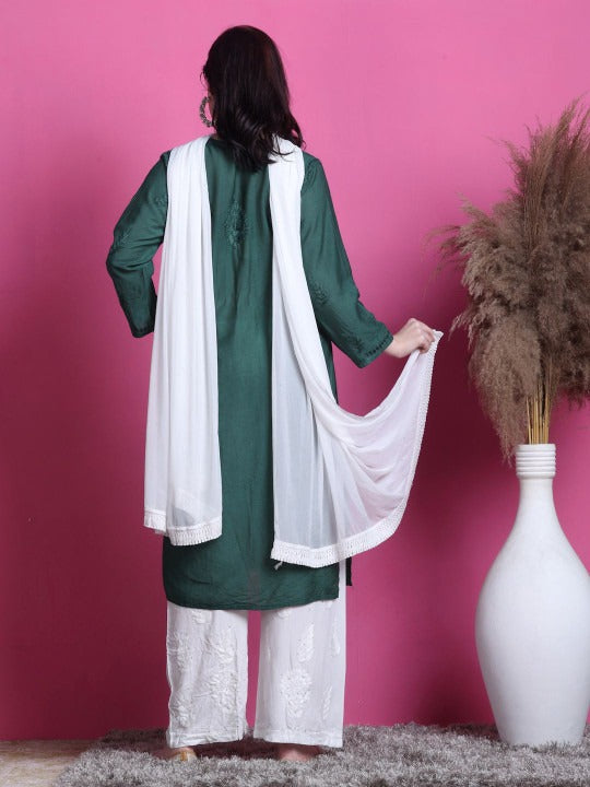 Bottle Green Yumna Dyed Chanderi Kurti With Mukesh Work