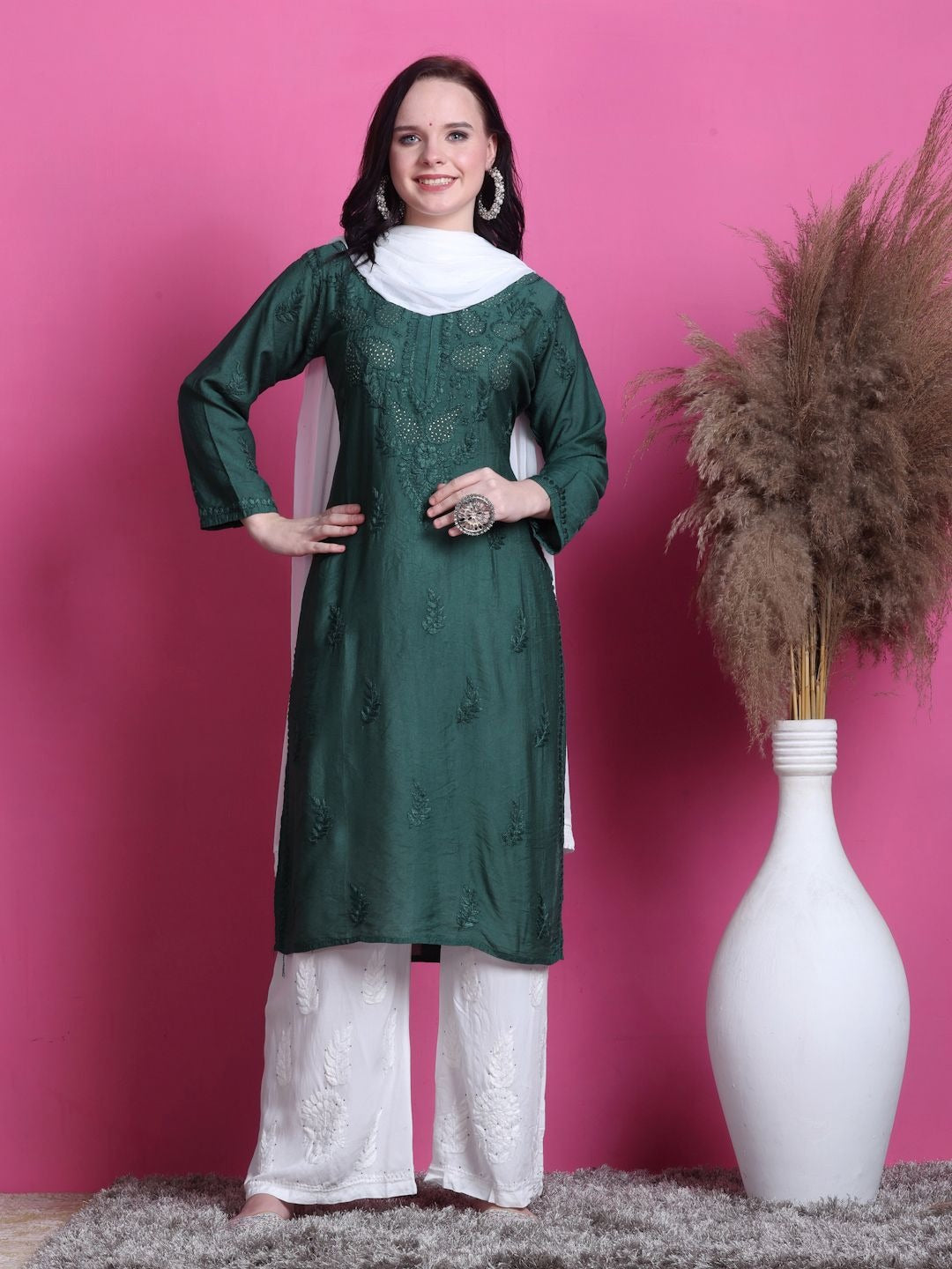 Bottle Green Yumna Dyed Chanderi Kurti With Mukesh Work