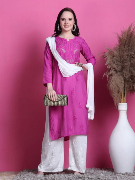Pink Yumna Dyed Chanderi Kurti With Mukesh Work