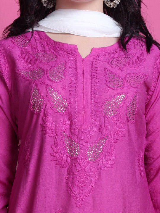 Pink Yumna Dyed Chanderi Kurti With Mukesh Work