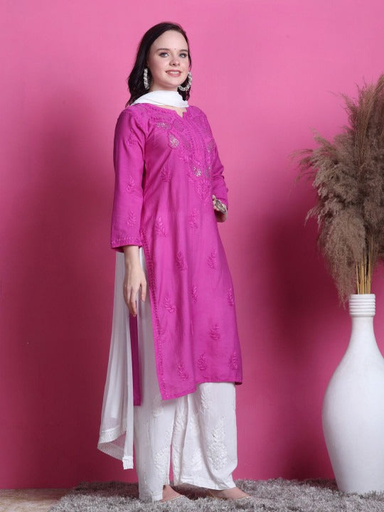 Pink Yumna Dyed Chanderi Kurti With Mukesh Work