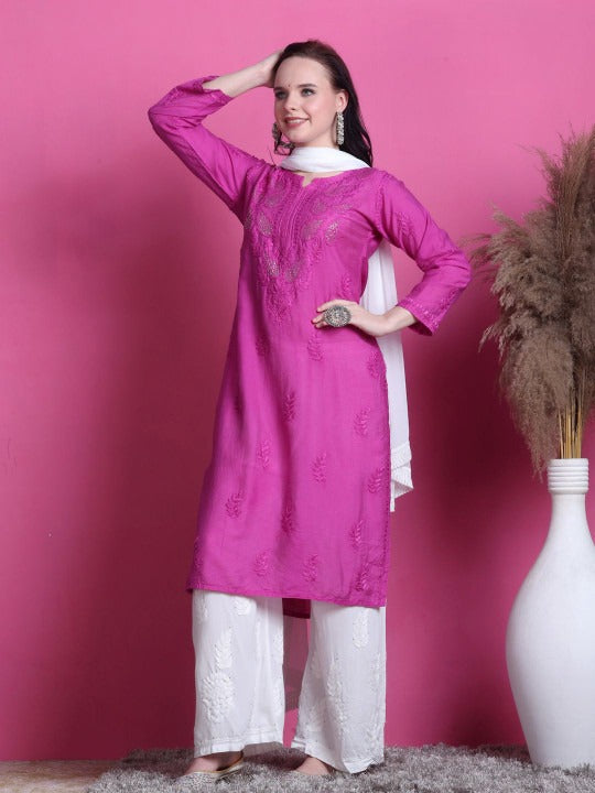 Pink Yumna Dyed Chanderi Kurti With Mukesh Work