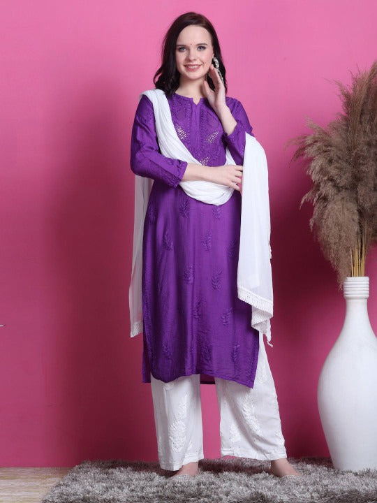 Purple Yumna Dyed Chanderi Kurti With Mukesh Work