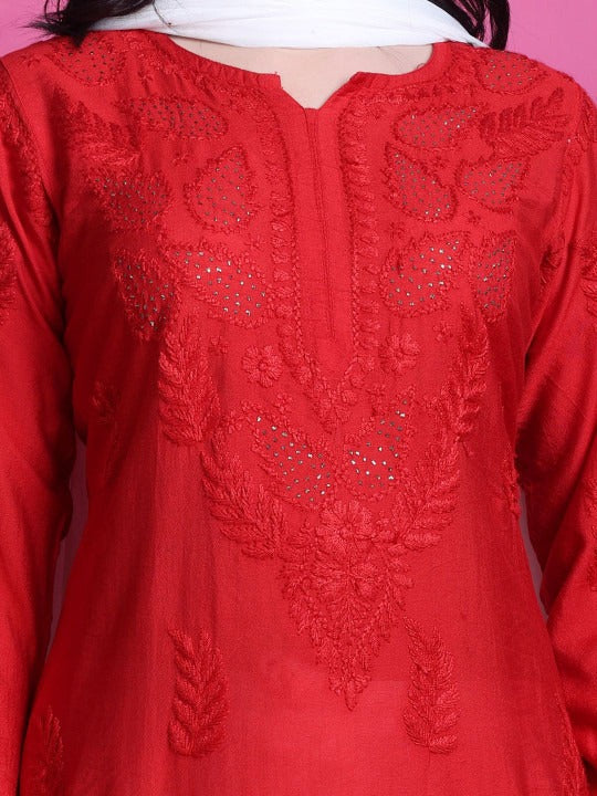 Red Yumna Dyed Chanderi Kurti With Mukesh Work