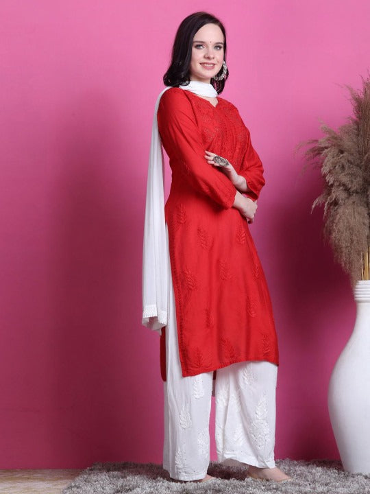 Red Yumna Dyed Chanderi Kurti With Mukesh Work