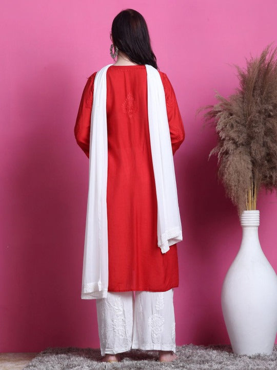 Red Yumna Dyed Chanderi Kurti With Mukesh Work