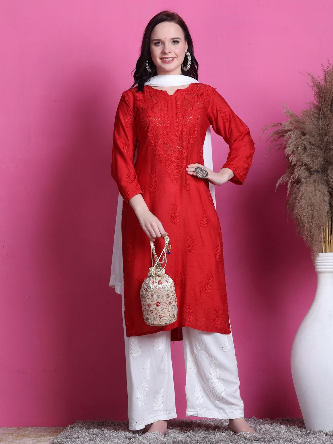 Red Yumna Dyed Chanderi Kurti With Mukesh Work