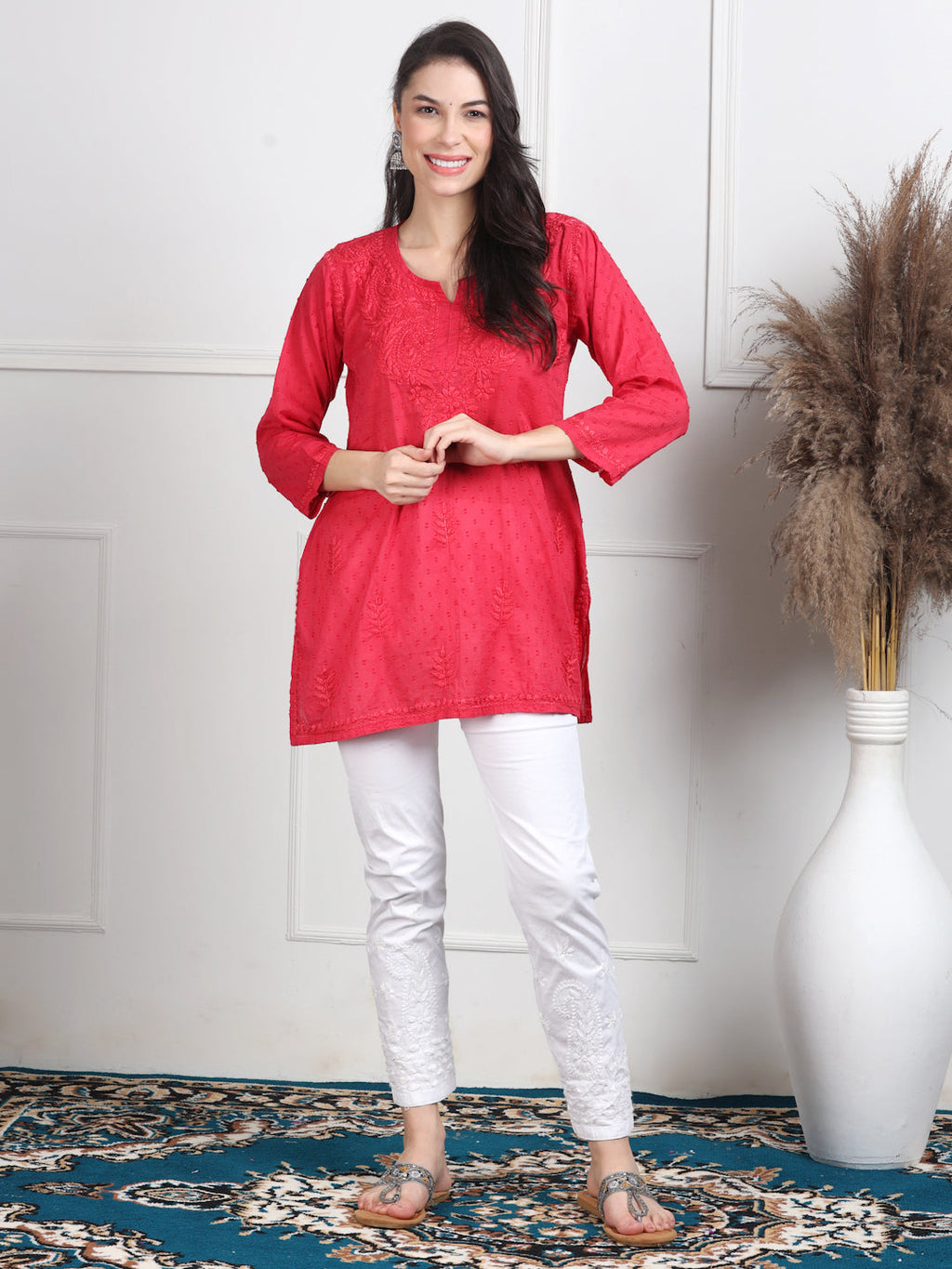 Magenta Nuzhat Dyed Short Cotton Top/Kurti