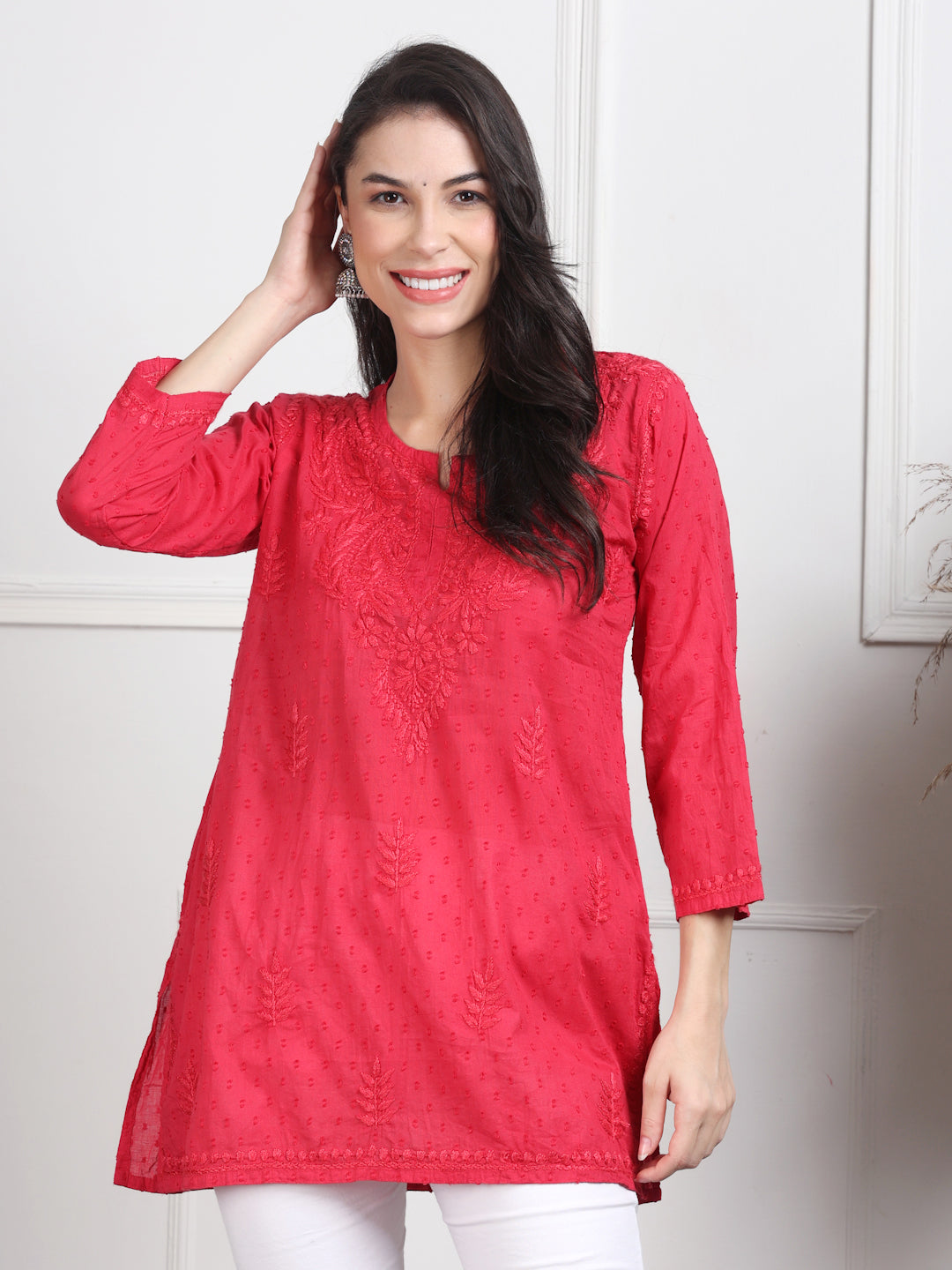 Magenta Nuzhat Dyed Short Cotton Top/Kurti