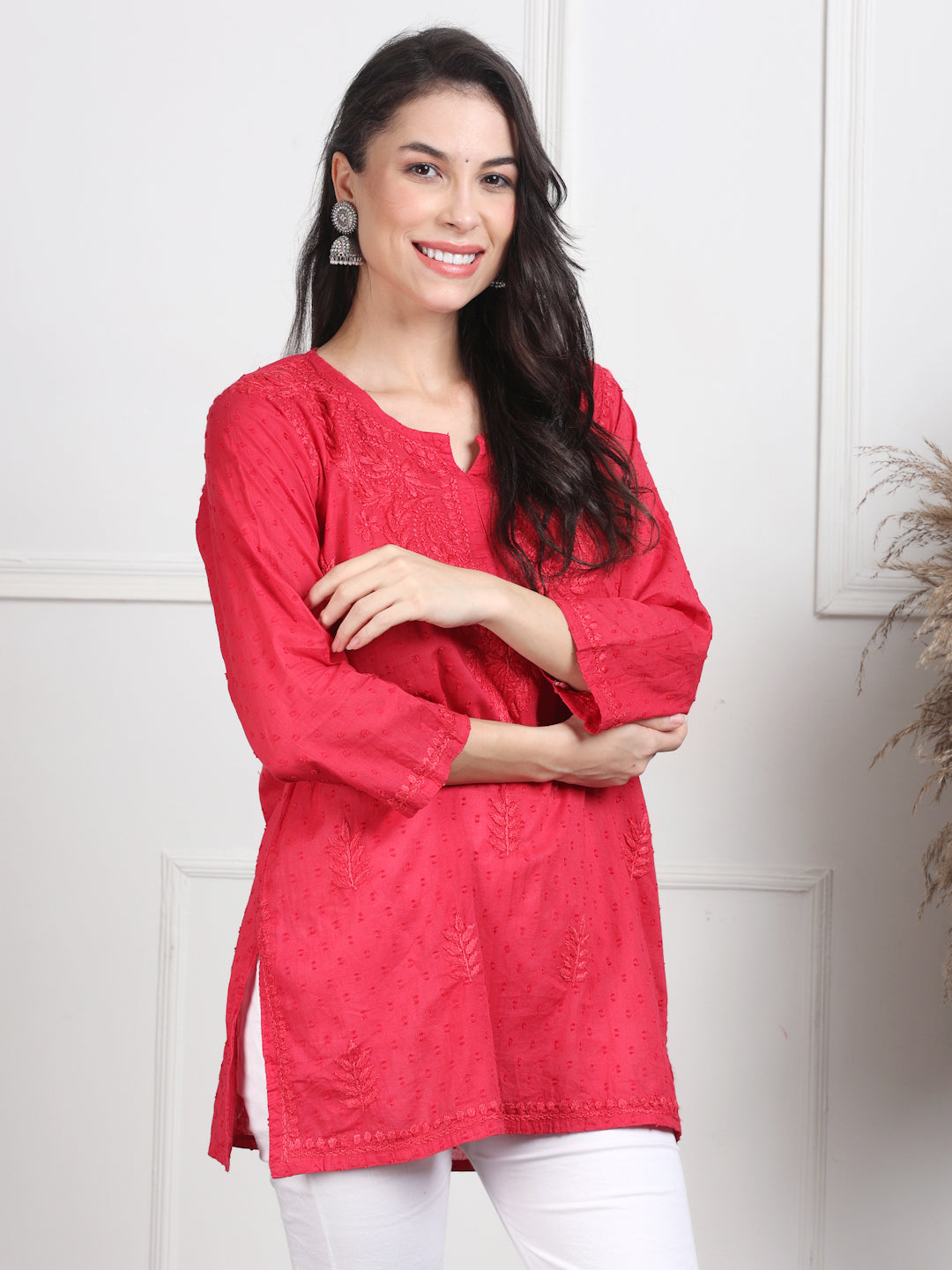 Magenta Nuzhat Dyed Short Cotton Top/Kurti