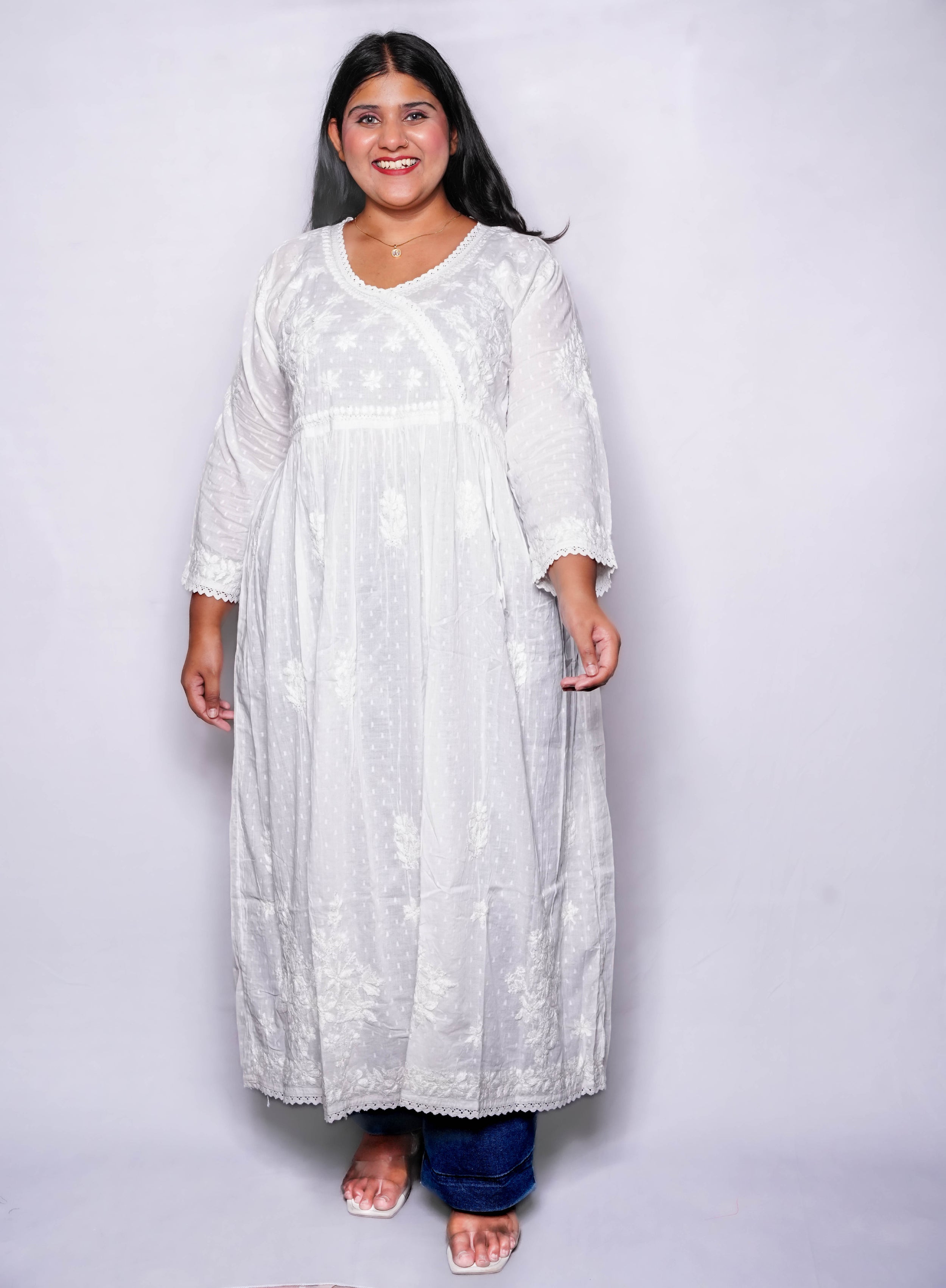 White Noreen Plus Size Cotton Chikankari Gown