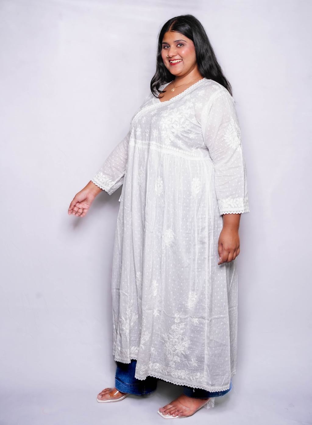 White Noreen Plus Size Cotton Chikankari Gown