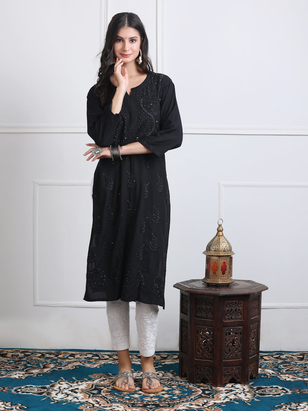 Black Saliha 3D Rayon Chikankari Kurti with Muquesh Work