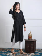 Black Saliha 3D Rayon Chikankari Kurti with Muquesh Work