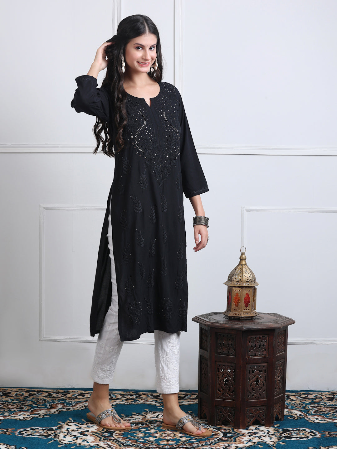 Black Saliha 3D Rayon Chikankari Kurti with Muquesh Work