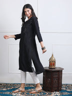 Black Saliha 3D Rayon Chikankari Kurti with Muquesh Work