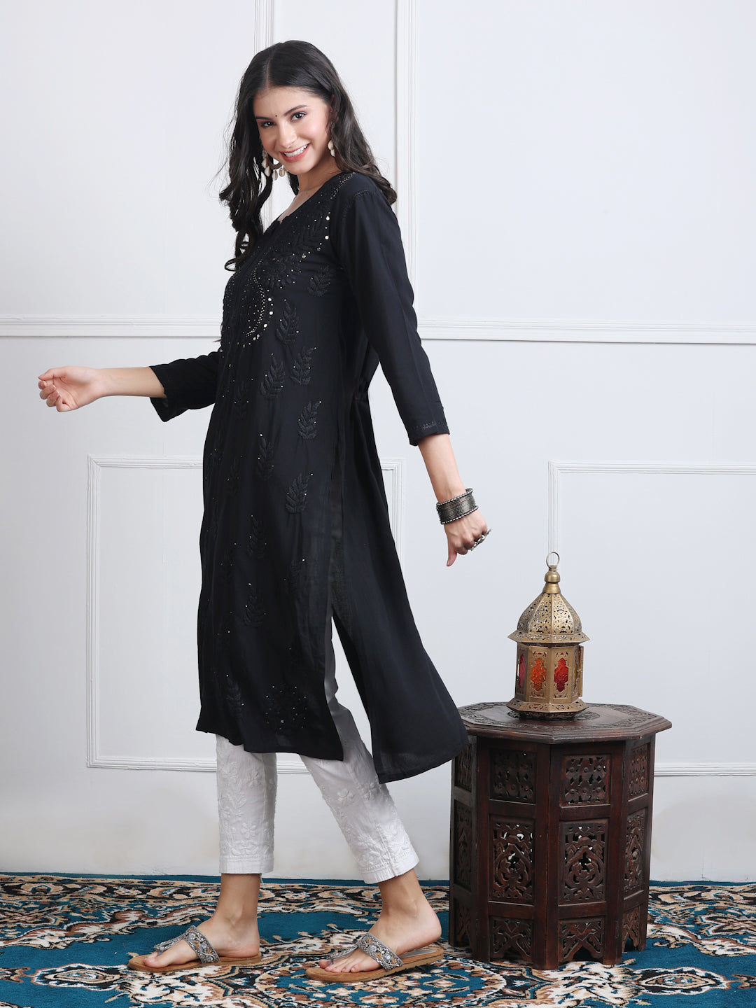 Black Saliha 3D Rayon Chikankari Kurti with Muquesh Work