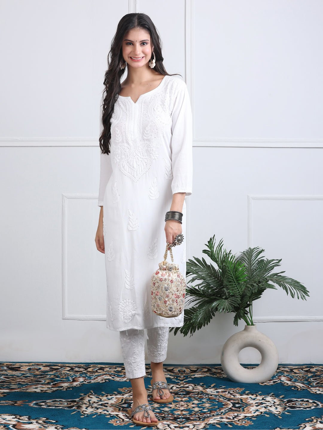 White Saliha 3D Rayon Chikankari Kurti with Muquesh Work